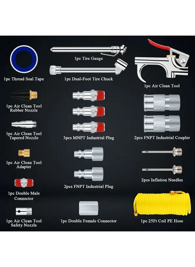 20PCS Air Compressor Kit With 25ft Hose Tire Gauge And Metal Tools For DIY Car Maintenance - Image 2